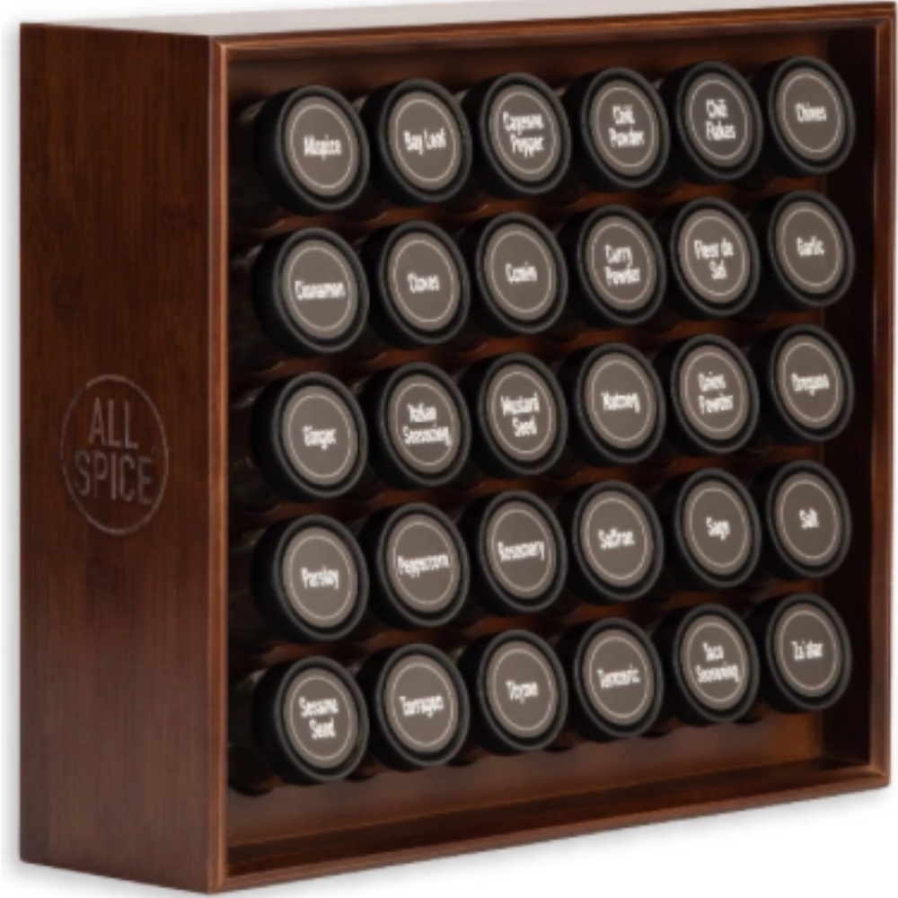 AllSpice Wood Spice Rack, Includes 30 4oz Jars- Walnut Stain